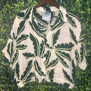 Shade & Shore White and Green Leaf Button Down Shirt